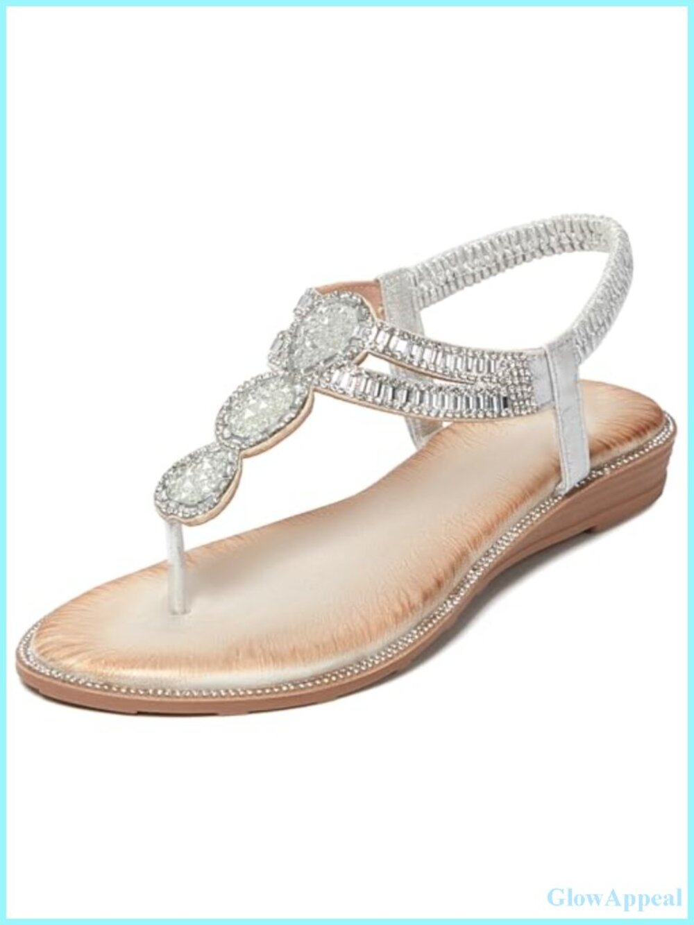 Rhinestone Flat T-Strap Sandals Adjustable Ankle Strap Faux Leather
